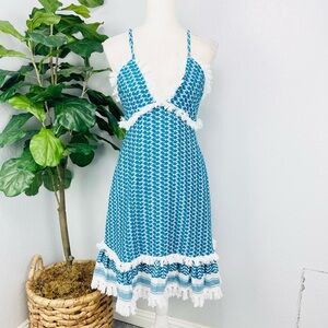DODO BAR OR Blue Tassel white Halter Circle Mini Dress